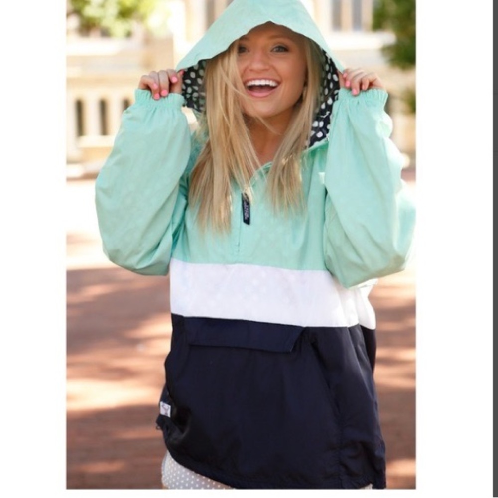 Jadelynn Brooke Navy Blue White Color Block Rain Hoodie, S